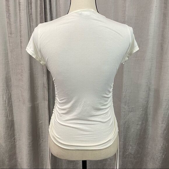 SHARAGANO Ruched Stretchy White Bodycon Button Top - Picture 5 of 7